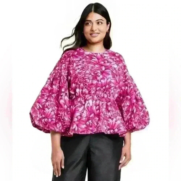 Kika Vargas for Target colorful oversized Floral Scallop open Back Blouse Sz Lg - Picture 2 of 9